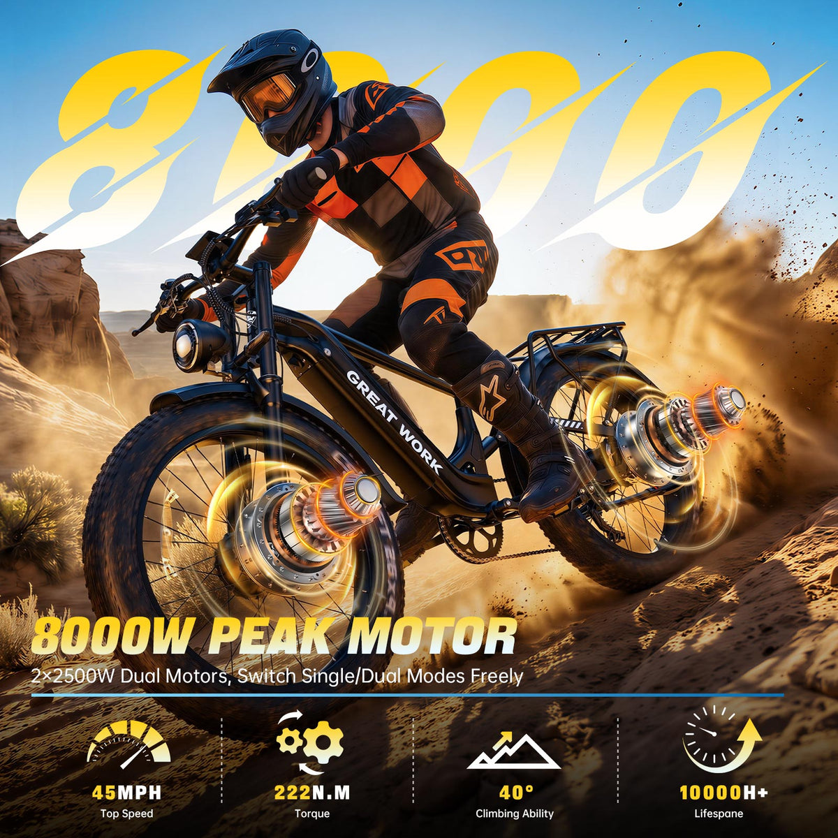 GREATWORK M9 8000W Peak Dual Motor Electric Bike | 45 MPH | 52V 30Ah
