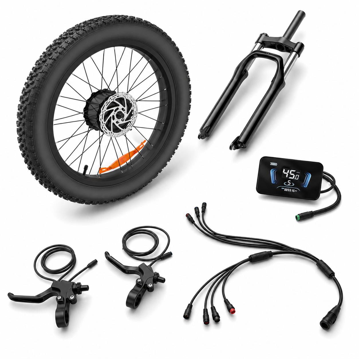 Reserved Greatwork Front Repair Parts Bundle – Complete Front Wheel, Fork, Wiring Harness, Display & Brake Levers
